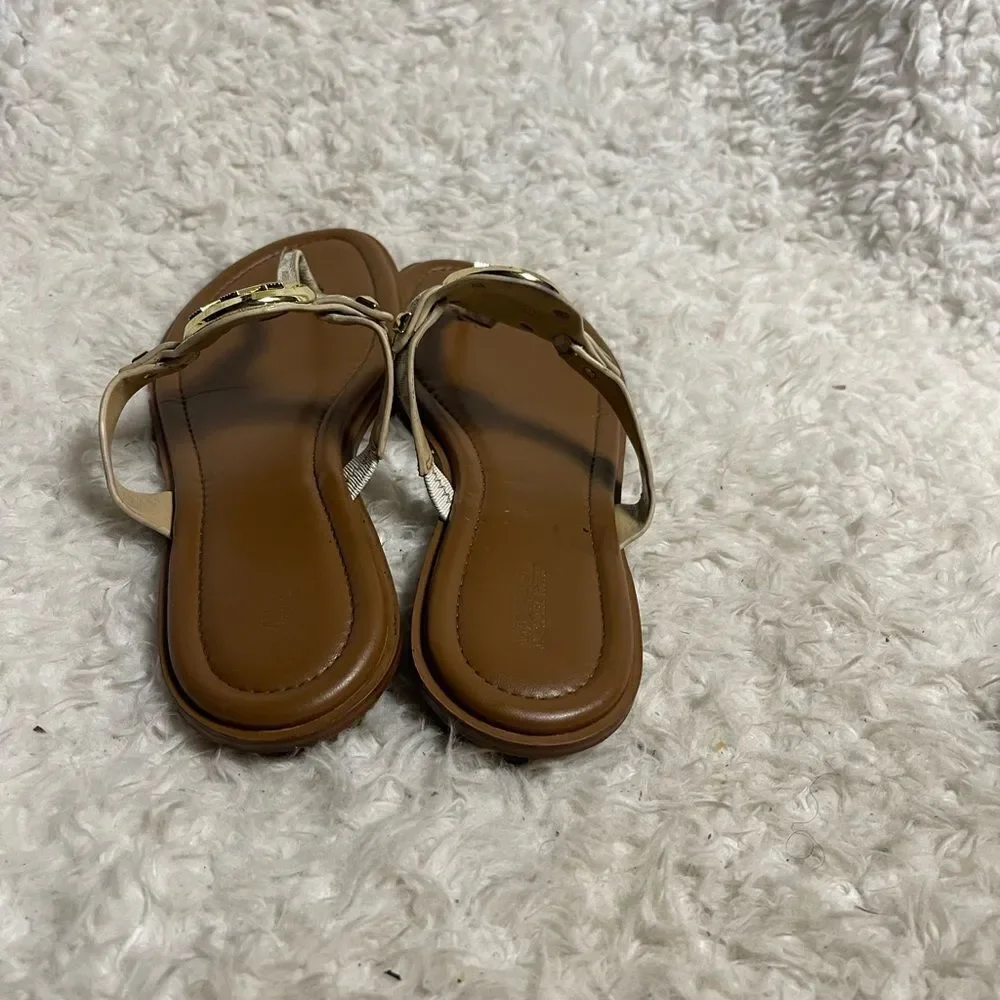 Michael Kors Aubrey Synthetic beige Thong Sandal gold tone logo accent SZ9.5M